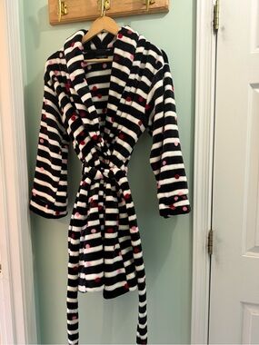 kate spade Black & White Striped Plush Robe with Pink and Red Dots
